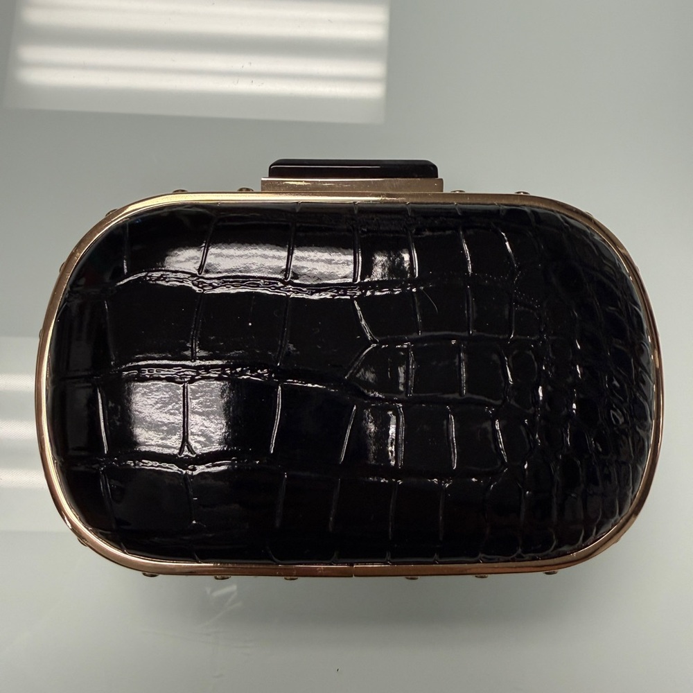 BCBGMaxAzria Black Croc Embossed Hard Clutch with Gold Trim - Picture 2 of 7